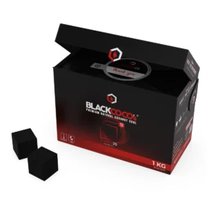 BLACKCOCO’s CUBES25 kokoso anglys kaljanui ir BBQ, 1 kg dėžutė su žymomis: mažai pelenų, ilgas degimas, be kvapo.