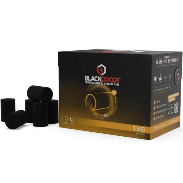 BLACKCOCO’s STICKS30 HOT FINGER kokoso anglys kaljanui ir BBQ, 1 kg pakuotė su aukštos kaitros anglimis.