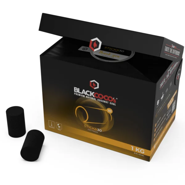 BLACKCOCO’s STICKS30 Premium kokoso anglys kaljanui, 1 kg dėžutė su dviem cilindrinėmis anglimis.