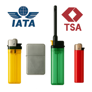 Skirtingų tipų žiebtuvėliai su IATA ir TSA logotipais