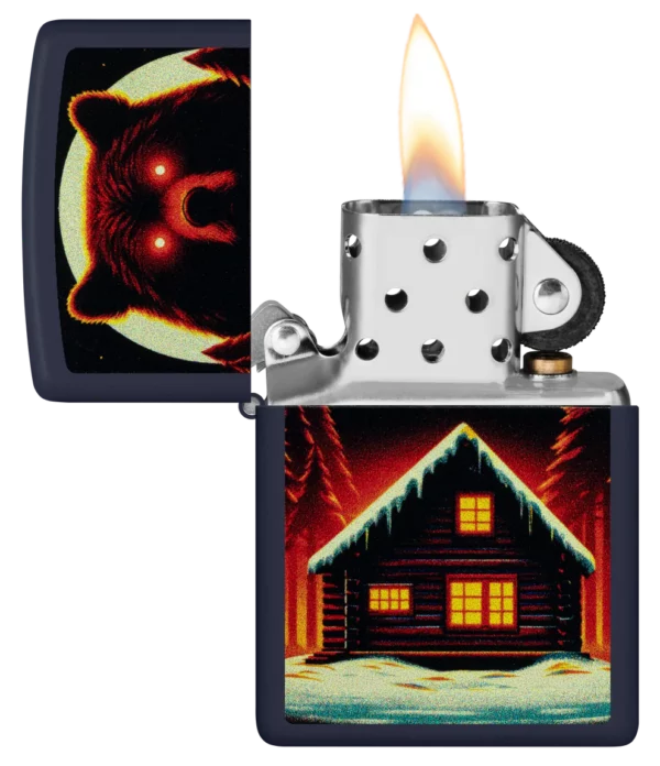 Žiebtuvėlis Zippo Bear And Cabin atidarytas dega