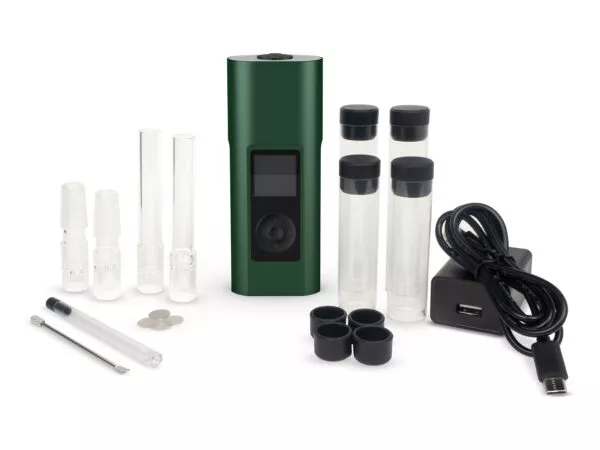 „ARIZER Solo 3 V2.0“ pilna komplektacija „Sea of Green“ garintuvas, stikliniai kandikliai, kroviklis ir priedai švariam garui