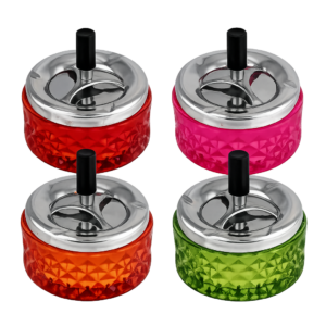 Peleninė sukama 12 cm – stiklo ir metalo derinys. Raudona, rožinė, oranžinė, žalia. Patogus paspaudimo mechanizmas.
