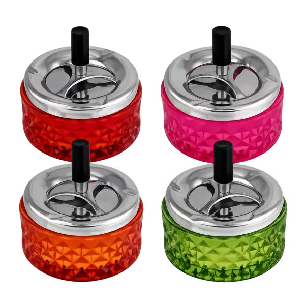 Peleninė sukama 12 cm – stiklo ir metalo derinys. Raudona, rožinė, oranžinė, žalia. Patogus paspaudimo mechanizmas.