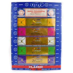 Satya Classic indiškų smilkalų dovanų rinkinys – 12 aromatų kolekcija (12 x 15g)