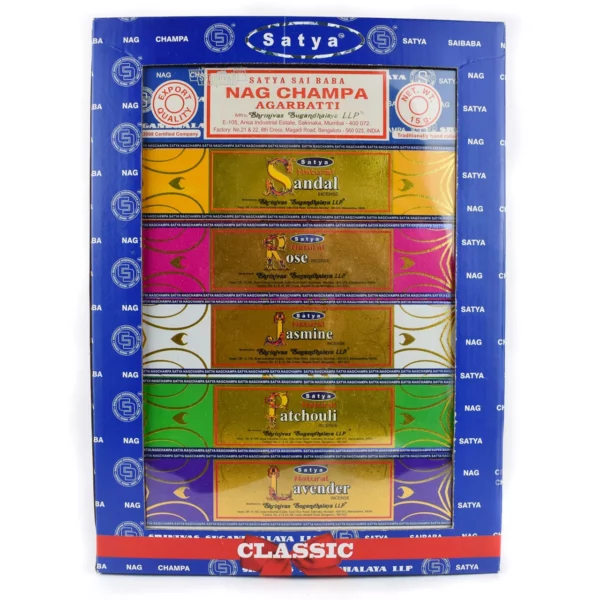 Satya Classic indiškų smilkalų dovanų rinkinys – 12 aromatų kolekcija (12 x 15g)