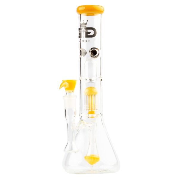 Grace Glass Yellow Beaker bongo detalės: ledo laikikliai (ice notches) ir apsauga nuo purslų (splash guard)