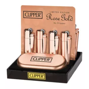Riboto leidimo žiebtuvėlis Clipper Metal Rose Gold su originalia metaline dovanų dėžute