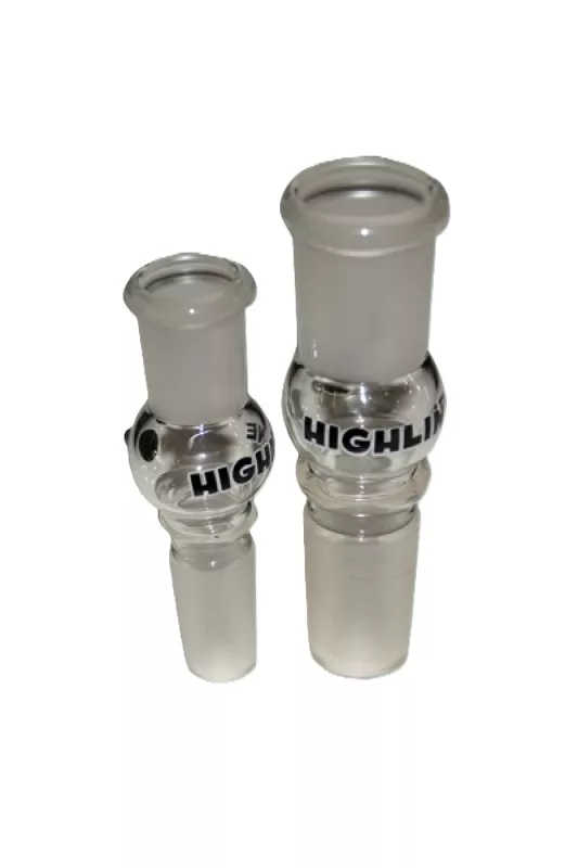 Stikliniai aktyvios anglies adapteriai-filtrai Aktyviosios anglies adapteris-filtras Highline 14.5 mm ir 18.8 mm dydžių palyginimas