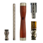 DynaVap The WoodWynd garintuvo išardytos detalės: dangtelis, antgalis, korpusas