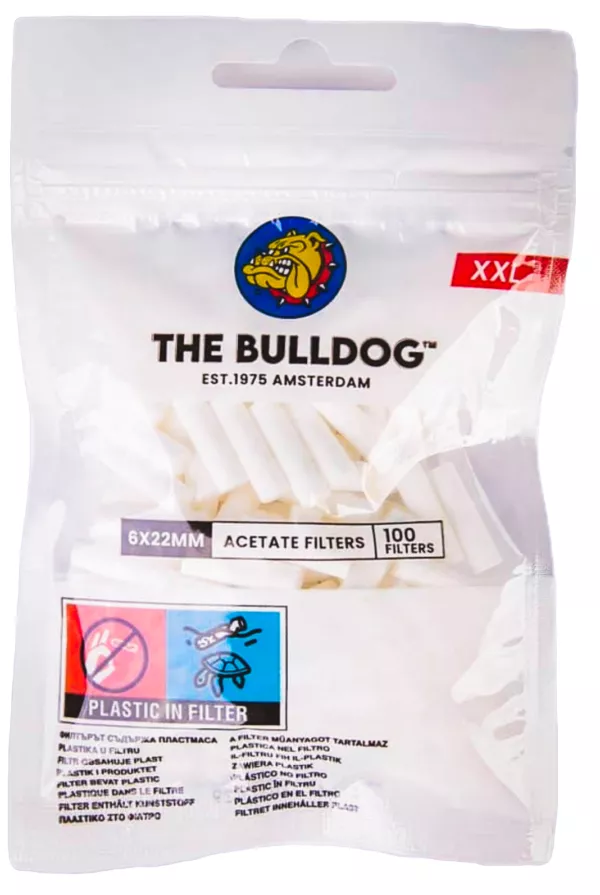 Klasikiniai celiuliozės filtriukai The Bulldog Acetate Slim 6x22 mm 100 vienetų pakuotė