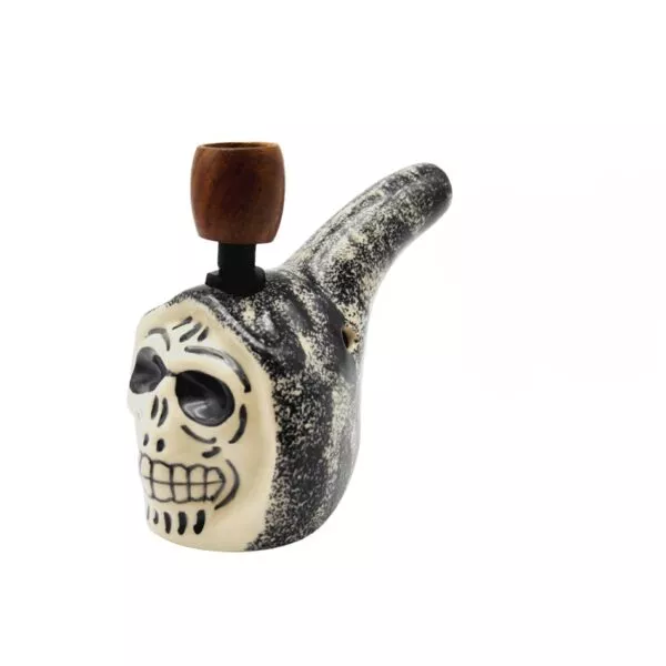 Keraminis bongs-pypkė „Kaukolė“ su medine taure 12 cm