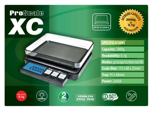 ProScale XC 2000 skaitmeninės svarstyklės su pakuote ir specifikacijomis