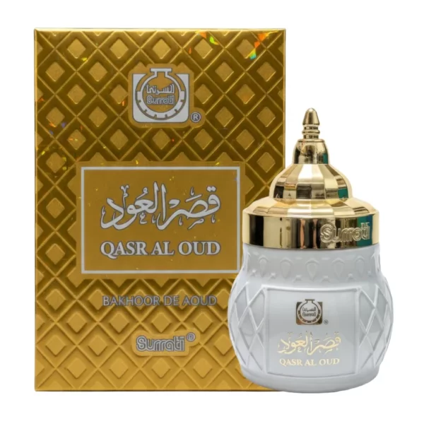 Surrati Qasr Al Oud Arabiški Smilkalai 70g Bakhoor Surrati Qasr Al Oud Arabiški birūs smilkalai 70g šalia originalios auksinės pakuotės