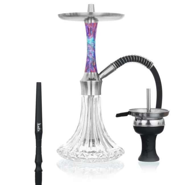Pilna kaljanas Aladin EPOX 360 Pro Purple Dream Pattern komplektacija su juoda silikonine žarna, aliumininiu kandikliu, moline taurele ir kaminėliu