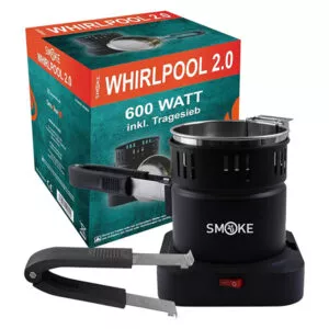 Elektrinė angliukų kaitlentė Whirlpool 2.0 Smoke2u 600W šalia originalios pakuotės dėžutės