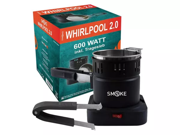 Elektrinė angliukų kaitlentė Whirlpool 2.0 Smoke2u 600W šalia originalios pakuotės dėžutės
