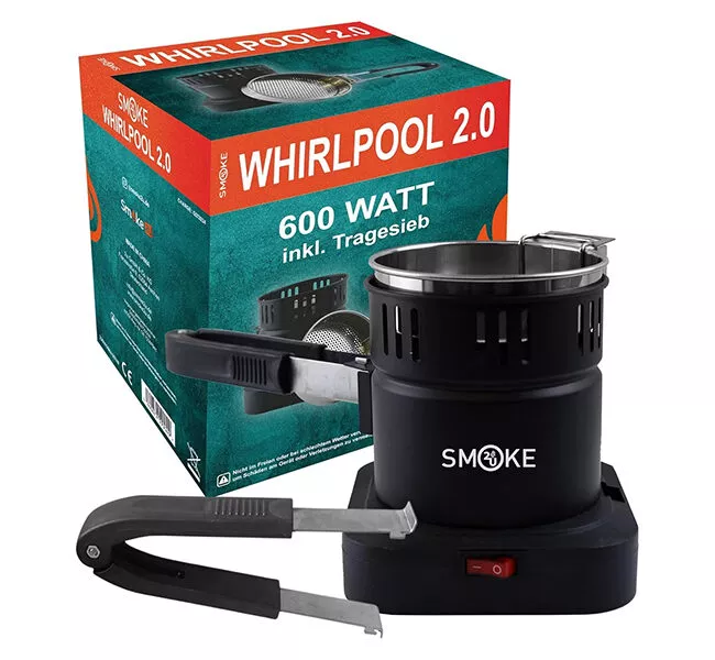 Elektrinė angliukų kaitlentė Whirlpool 2.0 Smoke2u 600W šalia originalios pakuotės dėžutės