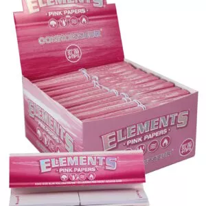 Atidaryta Elements Pink Connoisseur dėžutė ir išskleista pakuotė su rožiniais lapeliais bei tipsais