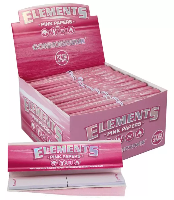 Atidaryta Elements Pink Connoisseur dėžutė ir išskleista pakuotė su rožiniais lapeliais bei tipsais