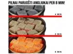 Laiko diagrama: natūralūs kokoso angliukai kaljanui pilnai įkaista ir paraudonuoja per 8 minutes Whirlpool 2.0 kaitlentėje