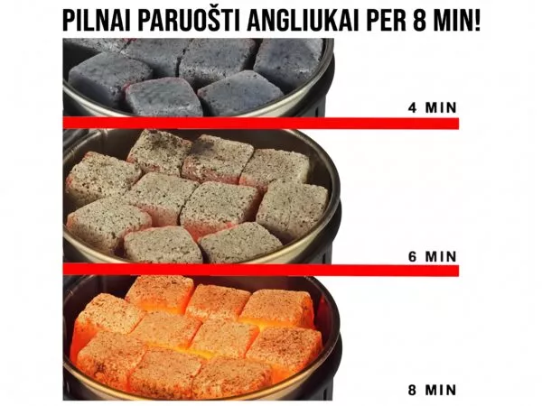 Laiko diagrama: natūralūs kokoso angliukai kaljanui pilnai įkaista ir paraudonuoja per 8 minutes Whirlpool 2.0 kaitlentėje