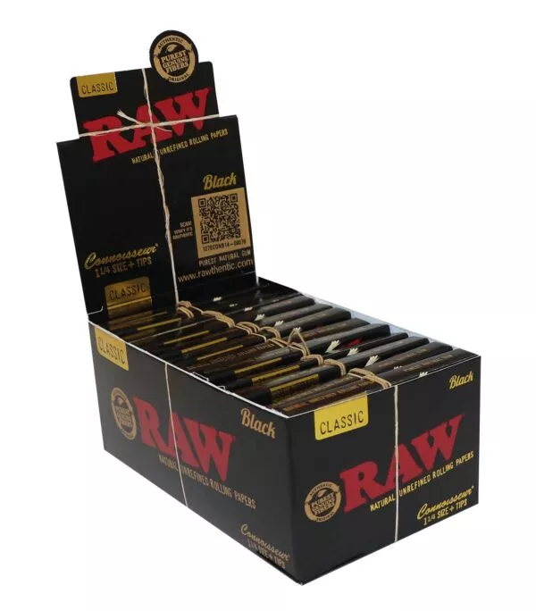 Didmeninė 24 vienetų dėžutė: popierėliai su filtriukais RAW Black Connoisseur 1 1/4