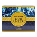 Surrati Bakhoor Oud Ameeri arabiškų smilkalų mėlyna pakuotės dėžutė su auksinėmis detalėmis