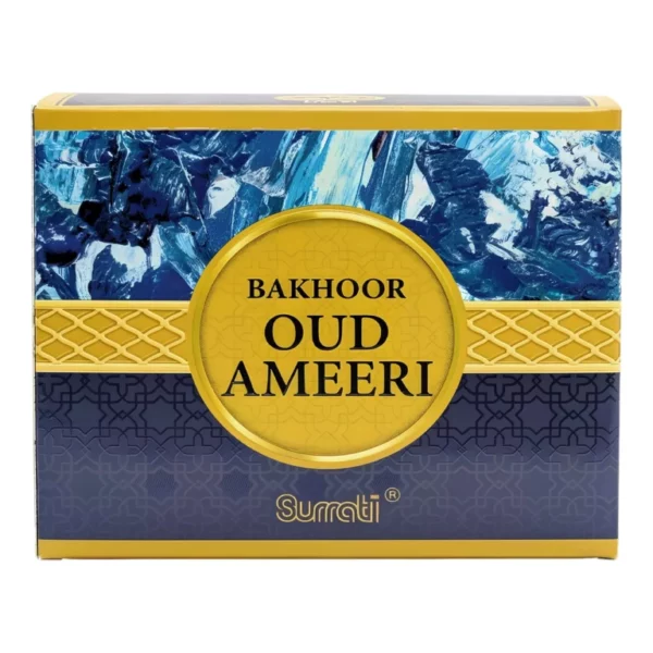 Surrati Bakhoor Oud Ameeri arabiškų smilkalų mėlyna pakuotės dėžutė su auksinėmis detalėmis