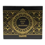 Surrati Bakhoor Oud For Grateness arabiškų smilkalų juoda pakuotės dėžutė su auksiniais raštais Surrati Bakhoor Oud For Grateness arabiškų smilkalų juoda pakuotės dėžutė su auksiniais raštais