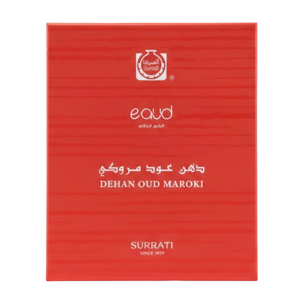 Surrati Dehan Oud Maroki arabiškų smilkalų raudonos pakuotės priekinė dalis