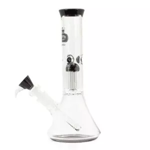 Stiklinio bongo Grace Glass Black Beaker šoninis vaizdas su difuziniu vamzdeliu ir kaušeliu su rankenėle