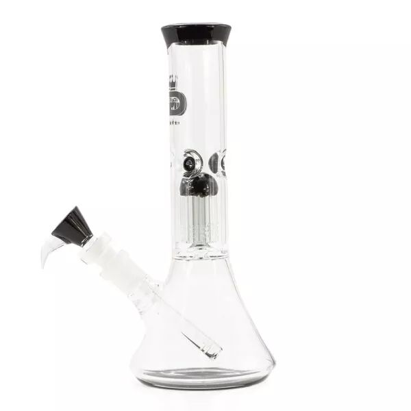 Stiklinio bongo Grace Glass Black Beaker šoninis vaizdas su difuziniu vamzdeliu ir kaušeliu su rankenėle