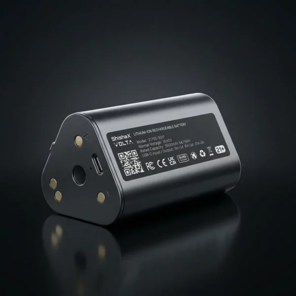 Atsarginė elektroninės karščio kameros ShishaX VOLTA baterija Black ir 24K Gold modeliams Elektroninės karščio kameros ShishaX VOLTA baterija – keičiamas 5000mAh 54.75Wh ličio jonų akumuliatorius su USB-C jungtimi (modelis 21700-3S1P)