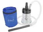 Kelioninis kaljanas INVI Alu Black 19 cm su skaidria kolba, balta silikonine žarna, juodu kandikliu ir mėlynu INVI Hookah krepšiu
