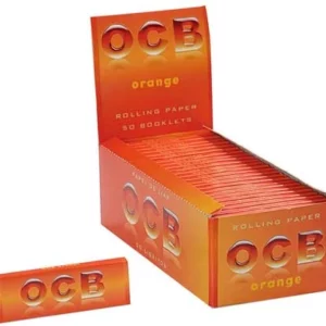 Popierėliai OCB Orange Single Wide (1 pakelis) ir blokas šalia