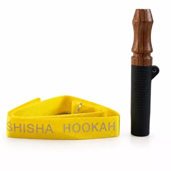 Personalinis medinis kaljano kandiklis su juostele ir juodu silikoniniu antgaliu ir geltona Shisha Hookah kaklo juostele