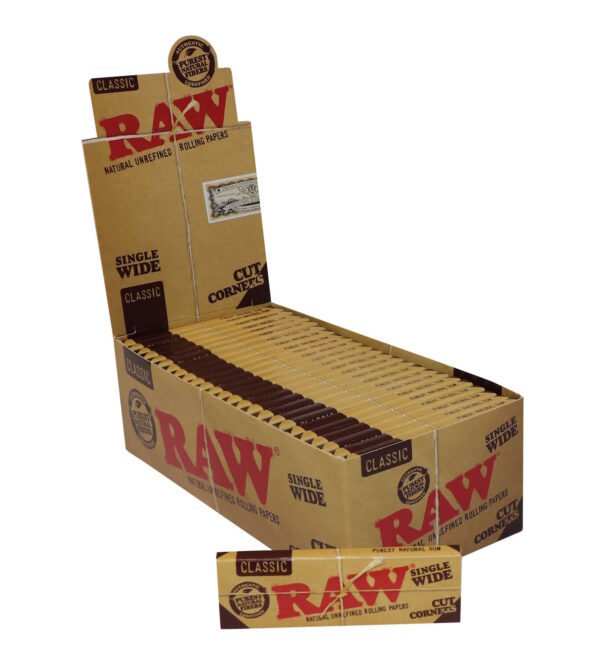 Popierėliai RAW Classic Single Wide Cut Corners 50 lapelių didmeninė pakuotė su pakeliu prieki