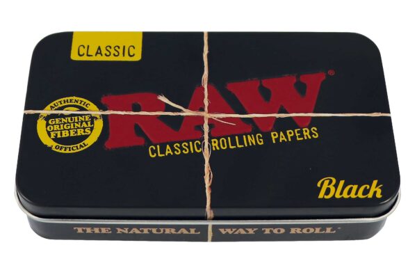 Uždaryta originali RAW Black Tin Box juoda metalinė apsauginė dėžutė suksuktinėms ir popierėliams
