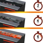 Elektrinio kaljano anglių užkūriklio Smoke2u Toaster 2.0 kaitinimo etapai po 2, 4 ir 6 minučių