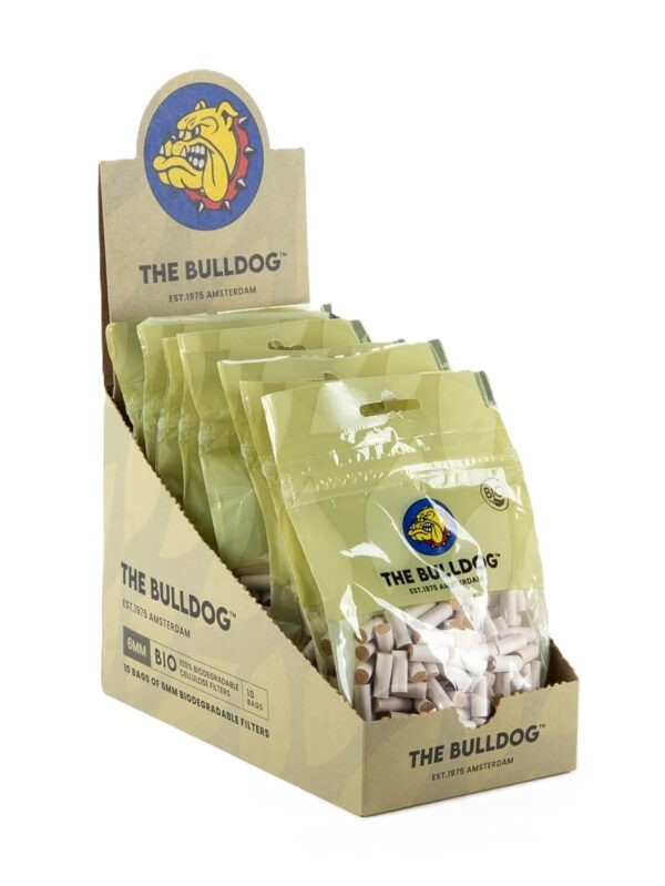 Prekybinė The Bulldog ekologiškų celiuliozės filtrų 6mm ekspozicinė dėžutė su 10 pakuočių