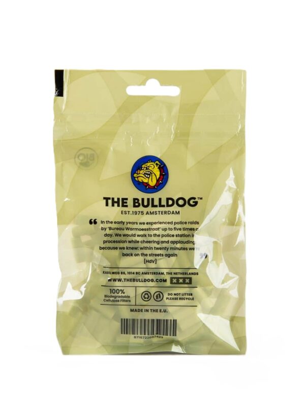 The Bulldog bio celiuliozės filtrų pakuotės nugarėlė su gamintojo informacija ir barkodu