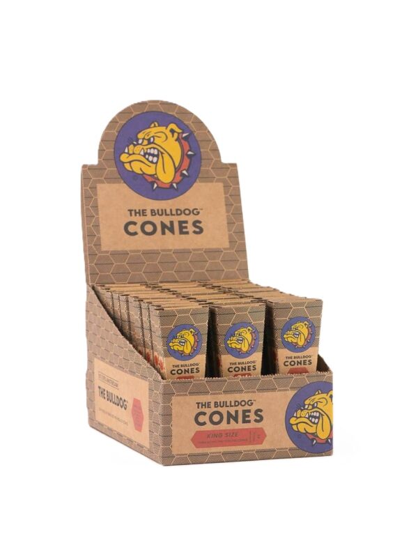Pilna prekybinė ekspozicinė dėžė The Bulldog Unbleached King Size Cones iš anksto susuktų popierėlių