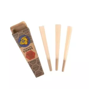 iš anksto susukti nebalinti The Bulldog Unbleached King Size Cones su originalia kraft kartono pakuote