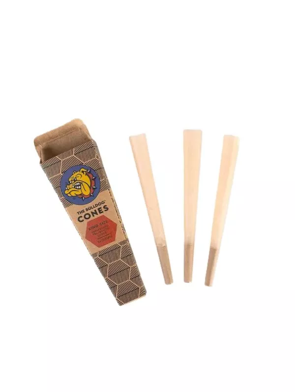 iš anksto susukti nebalinti The Bulldog Unbleached King Size Cones su originalia kraft kartono pakuote